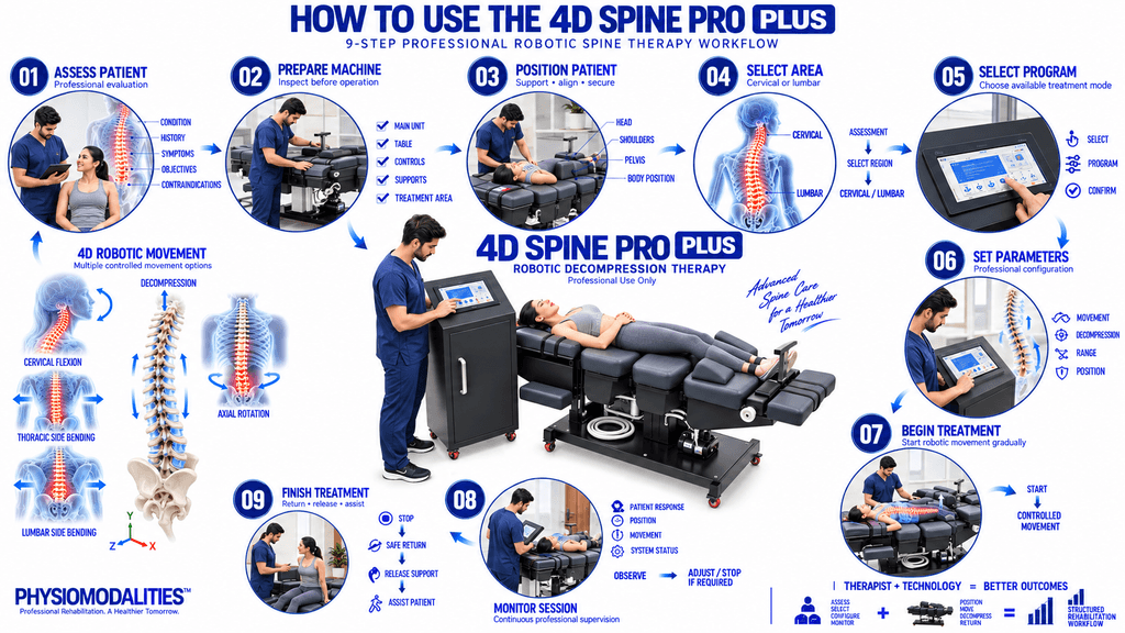 4D Spine Pro PLUS Decompression Therapy Machine How to use 4D Spine Pro Plus Decompression Therapy Machine with 9-step robotic spine therapy workflow, cervical lumbar treatment and multidirectional movement