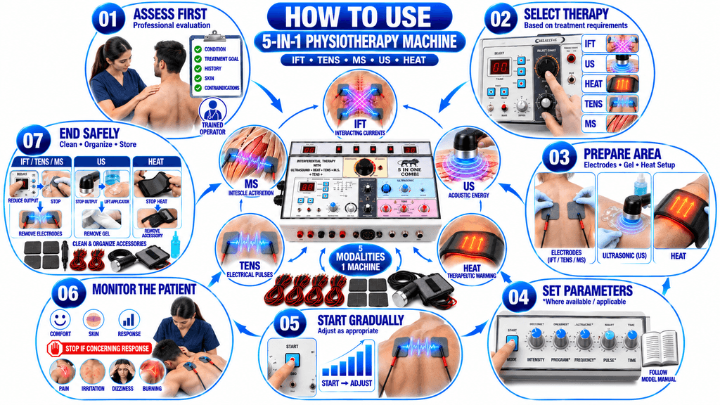 How to Use 5-in-1 Physiotherapy Machine with IFT, TENS, MS, Ultrasonic and Heat Therapy