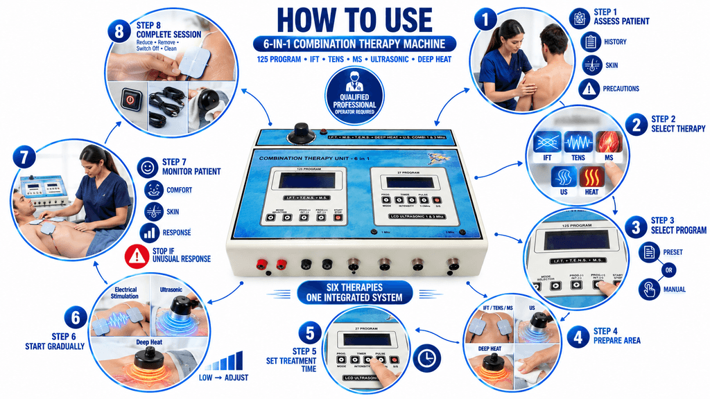 6-in-1 Combination Therapy Machine How to Use 6-in-1 Combination Physiotherapy Machine with 125 Programs, IFT, TENS, MS, Ultrasonic and Deep Heat Therapy