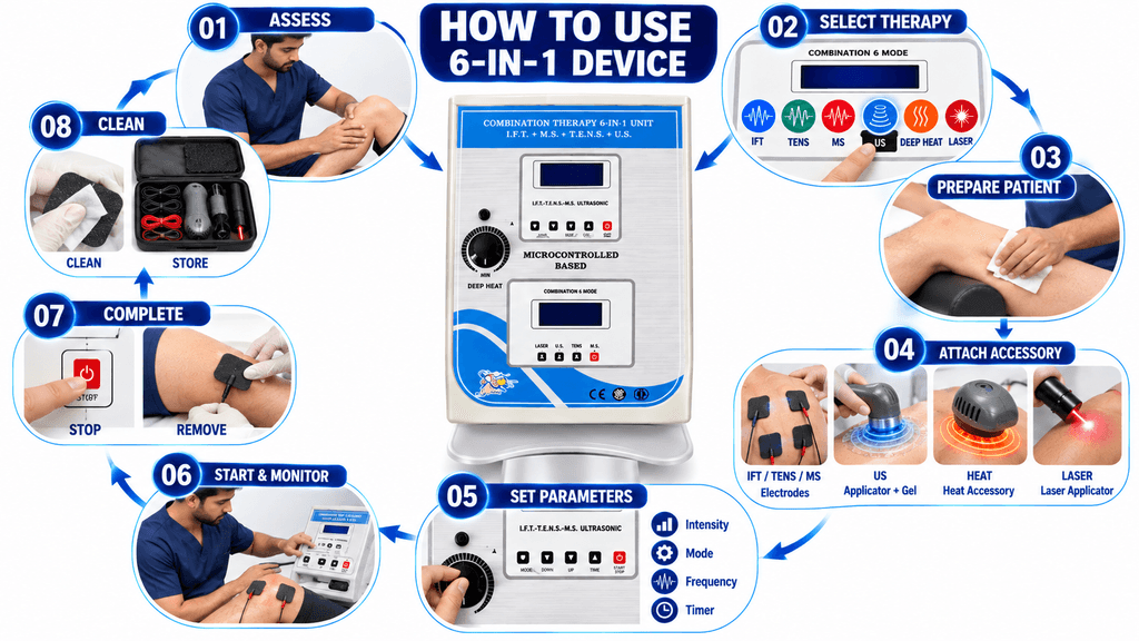 How to use 6-in-1 physiotherapy combination machine with IFT, TENS, MS, ultrasonic, deep heat and laser therapy