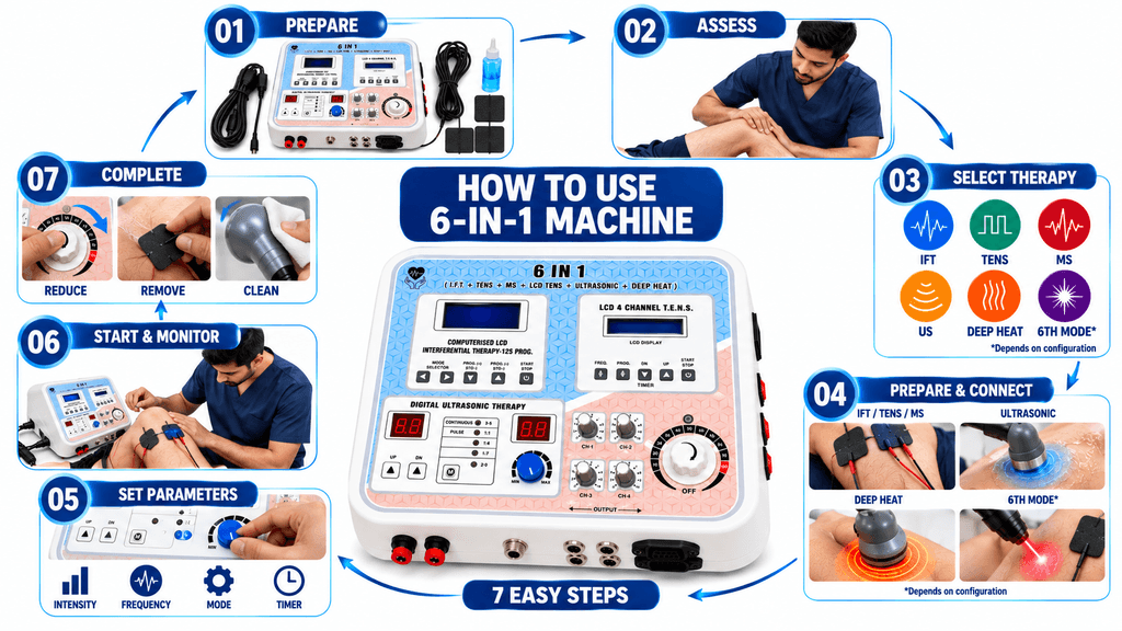 6-in-1 Physiotherapy Combination Machine How to use 6-in-1 physiotherapy combination machine with IFT, TENS, MS, ultrasonic, deep heat and configurable sixth therapy mode