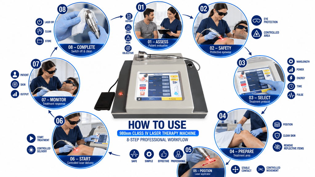 How to Use 980 nm Class IV Laser Therapy Machine – 8-Step Professional Treatment Workflow