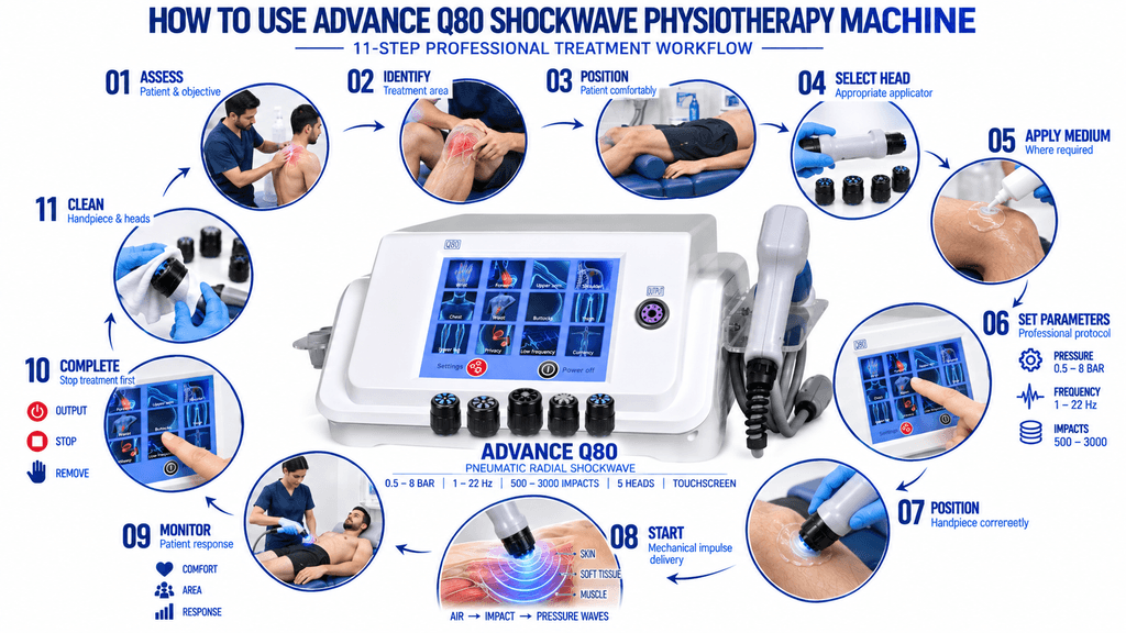 Advance Q80 Shockwave Physiotherapy Machine How to Use Advance Q80 Pneumatic Shockwave Physiotherapy Machine – 11 Step Treatment Guide