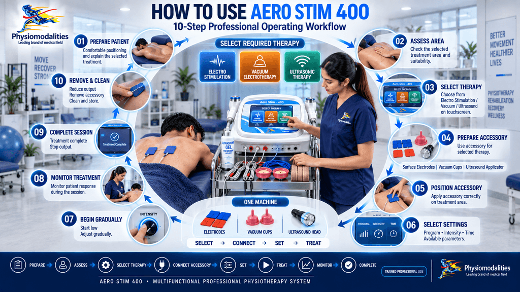 How to use Aero Stim 400 multifunction physiotherapy machine showing a 10-step professional workflow for electro stimulation, vacuum electrotherapy and ultrasonic therapy.