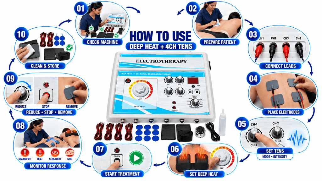 How to Use Deep Heat and 4 Channel TENS Combination Physiotherapy Machine – Step-by-Step Treatment Guide