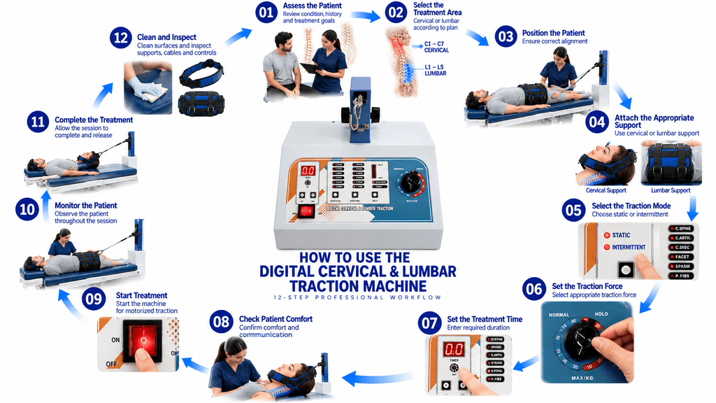 How to Use Digital Cervical and Lumbar Traction Physiotherapy Machine – 12-Step Professional Treatment Workflow