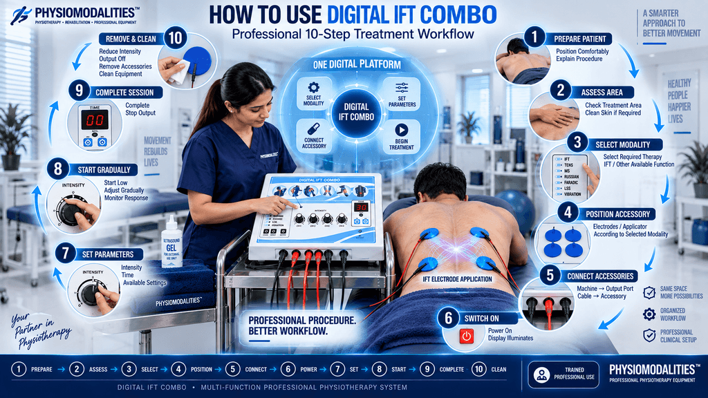 How to use Digital IFT Combo physiotherapy machine with a professional 10-step treatment workflow, showing patient preparation, modality selection, electrode placement, parameter adjustment and treatment procedure.