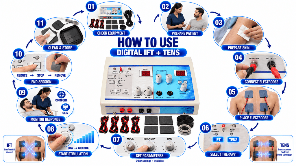 How to Use Digital IFT and TENS Combination Physiotherapy Machine – Step-by-Step Treatment Guide