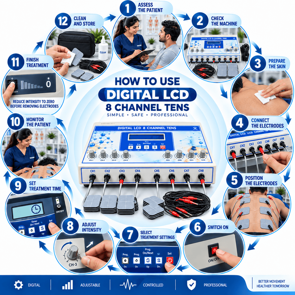 Digital LCD 8 Channel TENS physiotherapy machine How to use Digital LCD 8 Channel TENS physiotherapy machine with patient assessment, electrode placement, treatment settings, intensity adjustment, timer and monitoring steps.