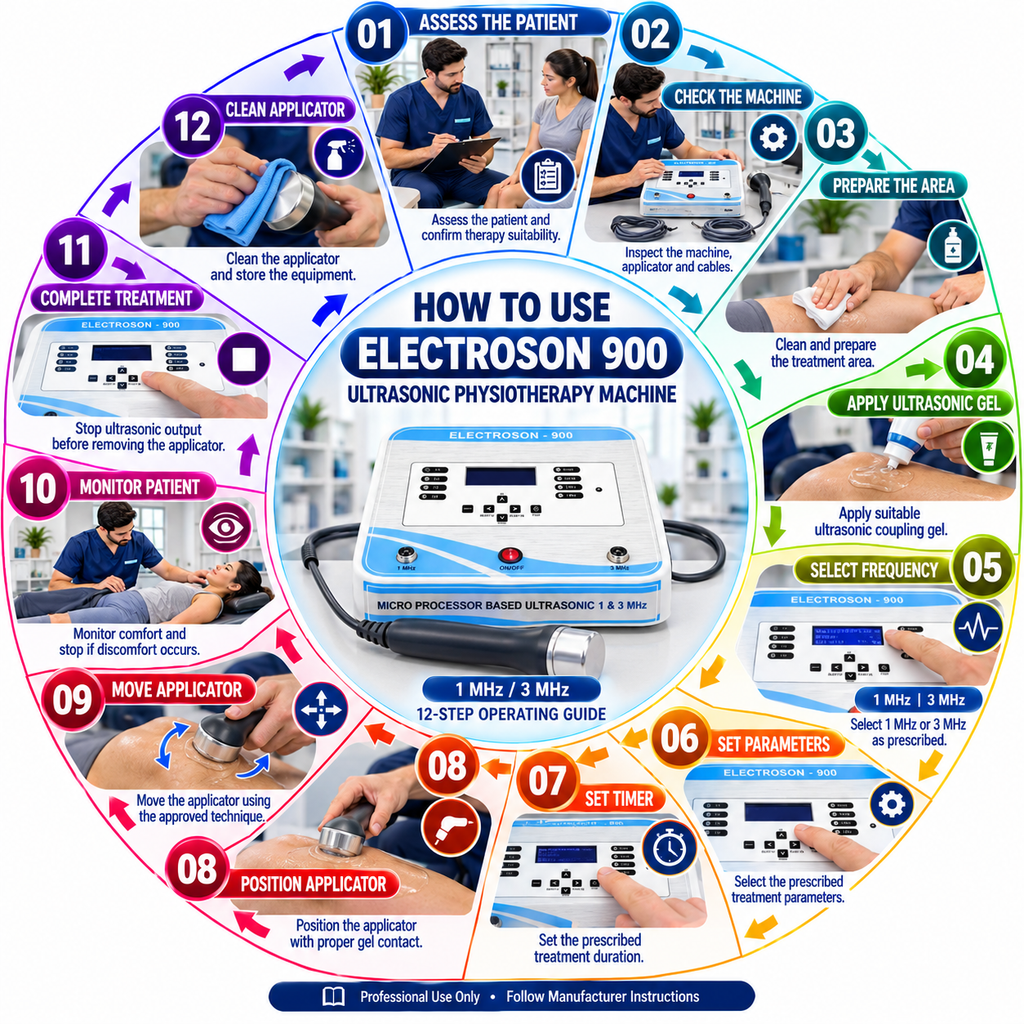 How to Use Electroson 900 Ultrasonic Physiotherapy Machine – 12-Step Operating Guide for 1 MHz and 3 MHz Therapy