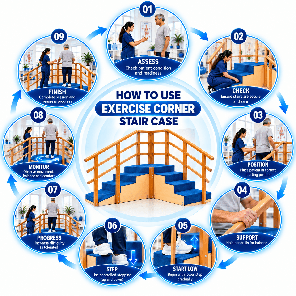 Exercise Corner Stair Case Therapy Step-by-step guide showing how to use an exercise corner stair case, including assessment, safety check, positioning, handrail support, starting with lower steps, controlled stepping, progress monitoring, and session completion.