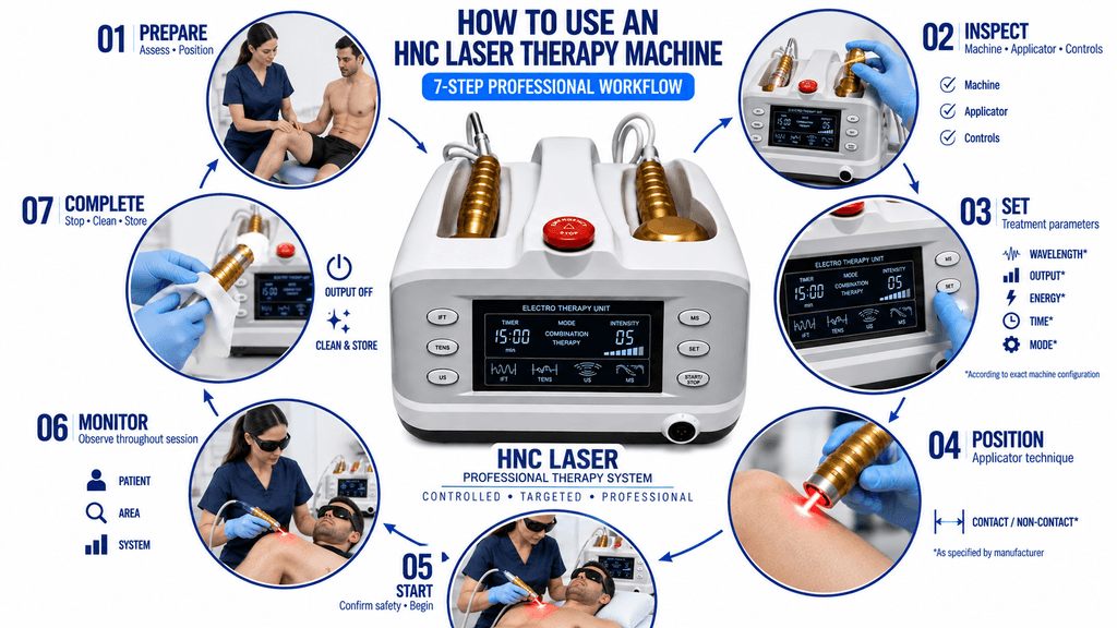 HNC Laser Therapy Machine How to Use HNC Laser Therapy Machine – 7-Step Professional Treatment Workflow with Safety and Applicator Setup