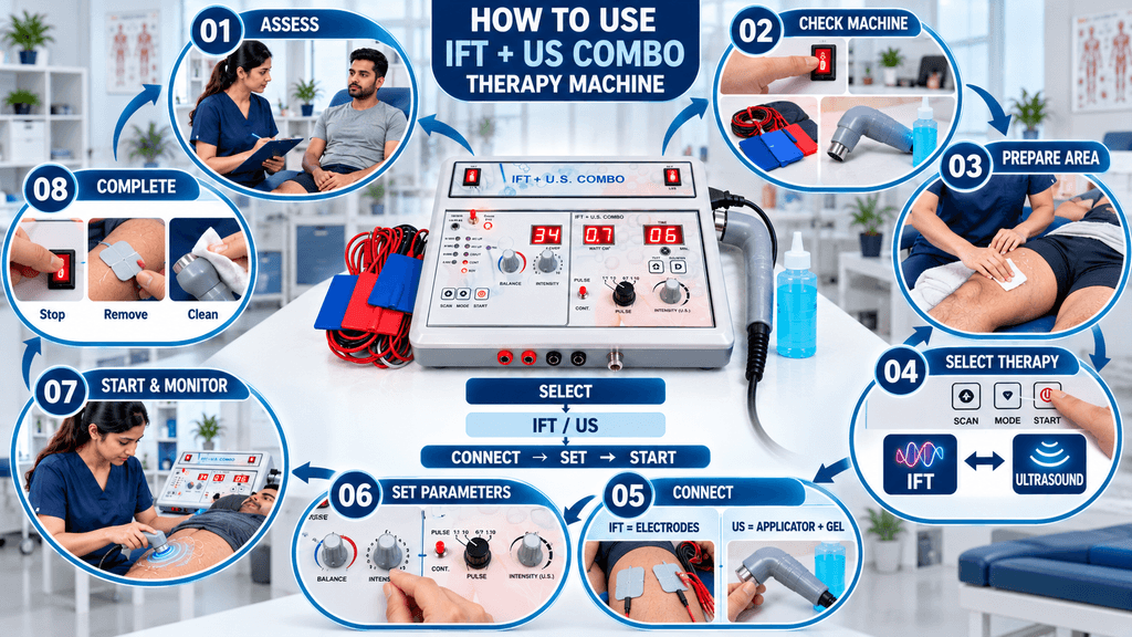 IFT + US Combo Therapy Machine How to use IFT and ultrasound combo therapy machine showing 8-step workflow from patient assessment and machine check to IFT electrode or ultrasound applicator setup, treatment and completion.