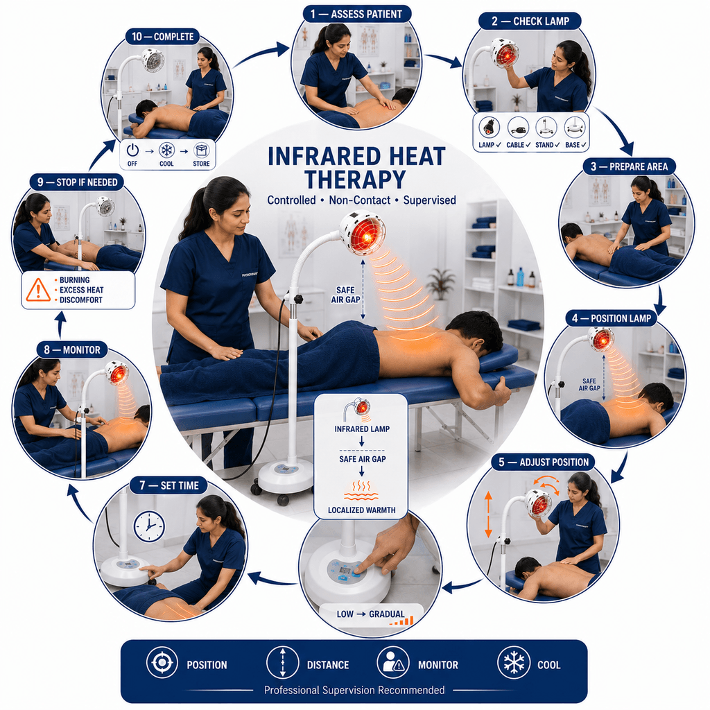 Infrared Heat Therapy Lamp How to use an Infrared Heat Therapy Lamp safely with proper positioning, safe air gap, treatment monitoring and professional physiotherapy supervision.