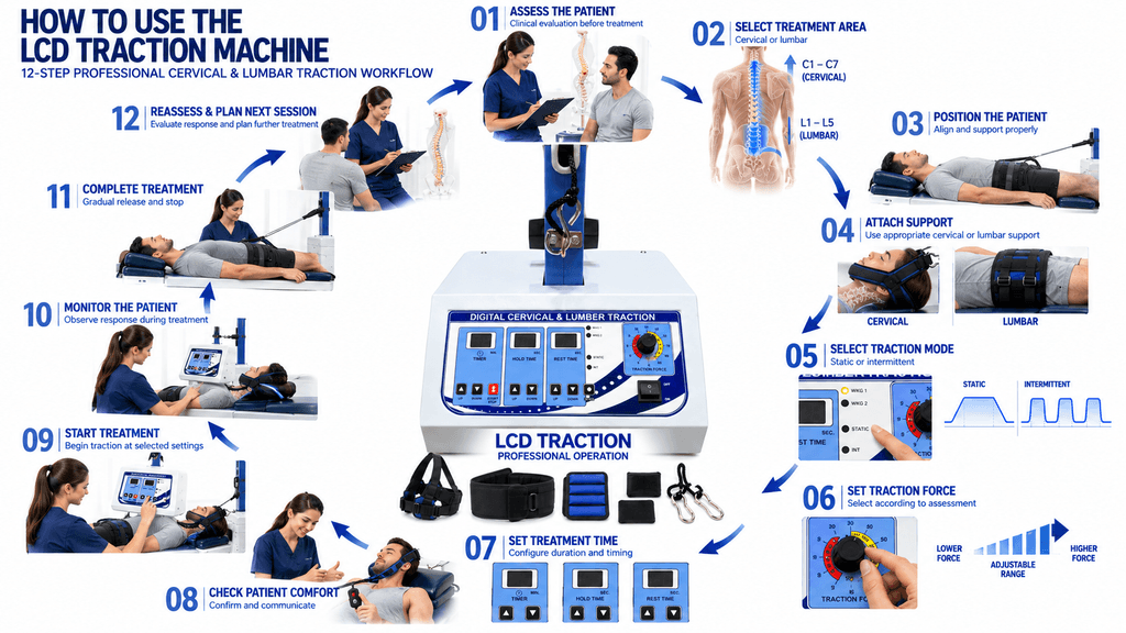 How to Use LCD Cervical and Lumbar Traction Machine – 12-Step Professional Physiotherapy Treatment Workflow