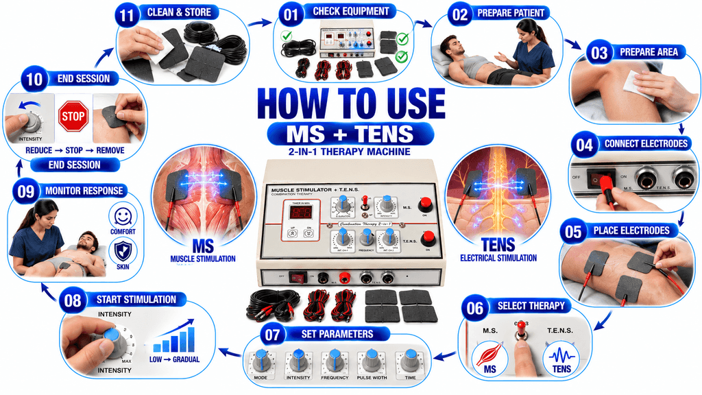 2 in 1 MS+ TENS Combo Therapy Machine How to Use 2-in-1 MS + TENS Physiotherapy Machine for Muscle Stimulation and TENS Therapy