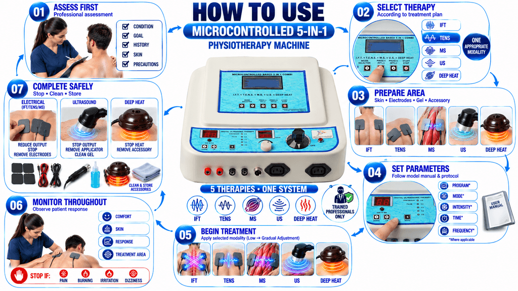 Microcontrolled 5-in-1 Physiotherapy Machine How to Use Microcontrolled 5-in-1 Physiotherapy Machine with IFT, TENS, MS, Ultrasonic and Deep Heat Therapy