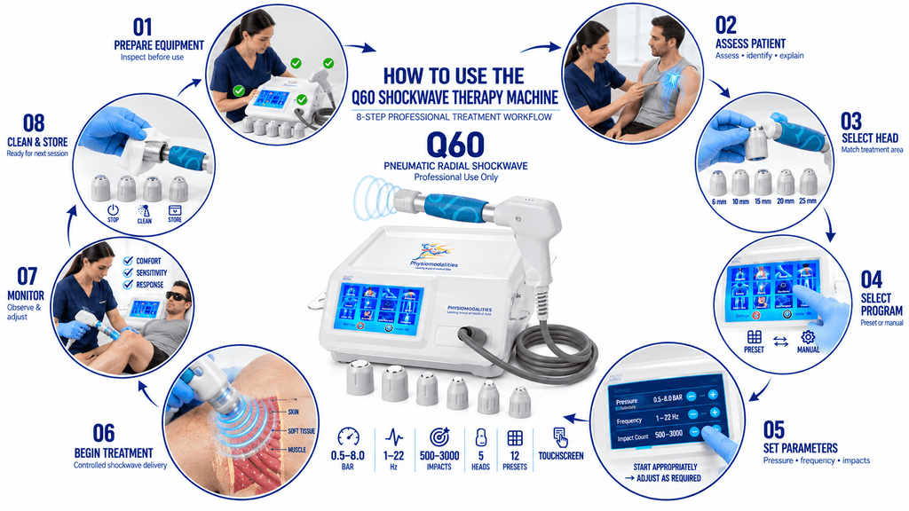 Q60 Shockwave Therapy Machine How to Use Q60 Shockwave Therapy Machine – 8-Step Professional Treatment Workflow