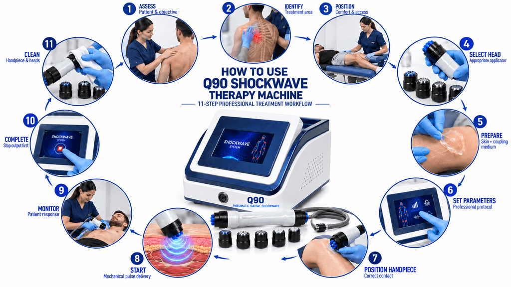 Q90 Shockwave Therapy Machine How to Use Q90 Shockwave Therapy Machine – 11-Step Professional Treatment Workflow