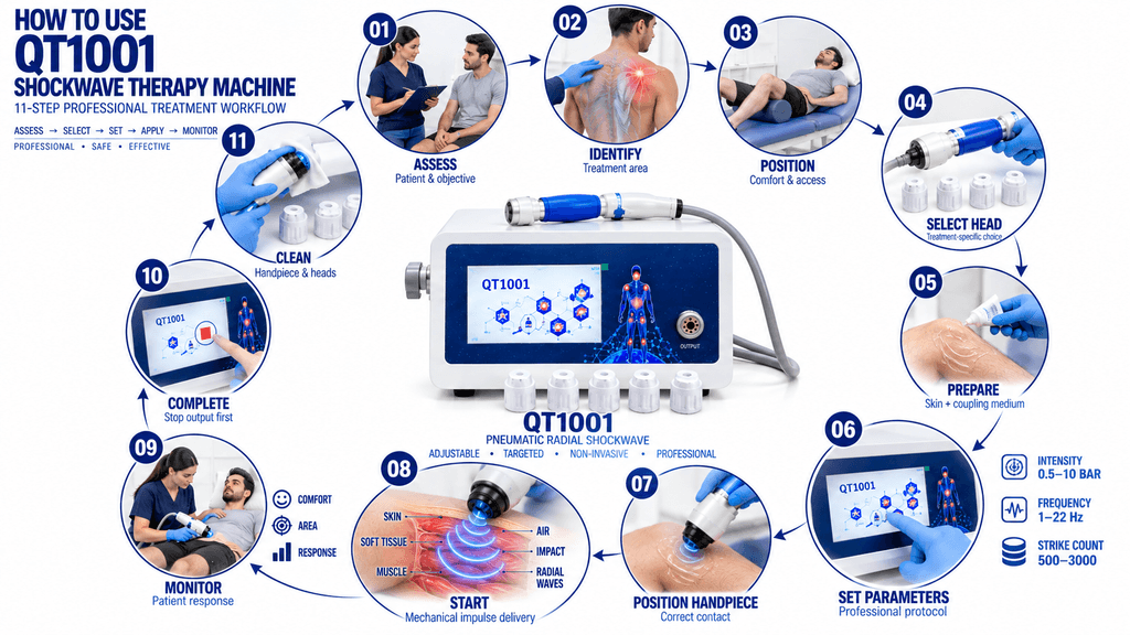 QT1001 Shockwave Therapy Machine How to Use QT1001 Shockwave Therapy Machine – 11-Step Professional Treatment Workflow