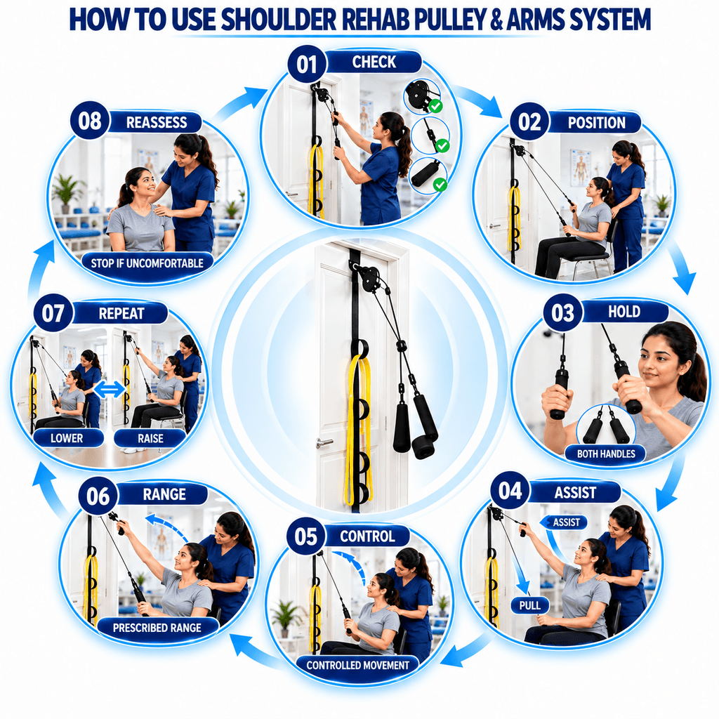 Step-by-step guide showing how to use the PHYSIOMODALITIES™ Shoulder Rehab Pulley & Arms System for physiotherapy, including equipment check, patient positioning, controlled shoulder pulley exercises, assisted arm movement, range-of-motion training, and supervised rehabilitation using a door anchor pulley kit.