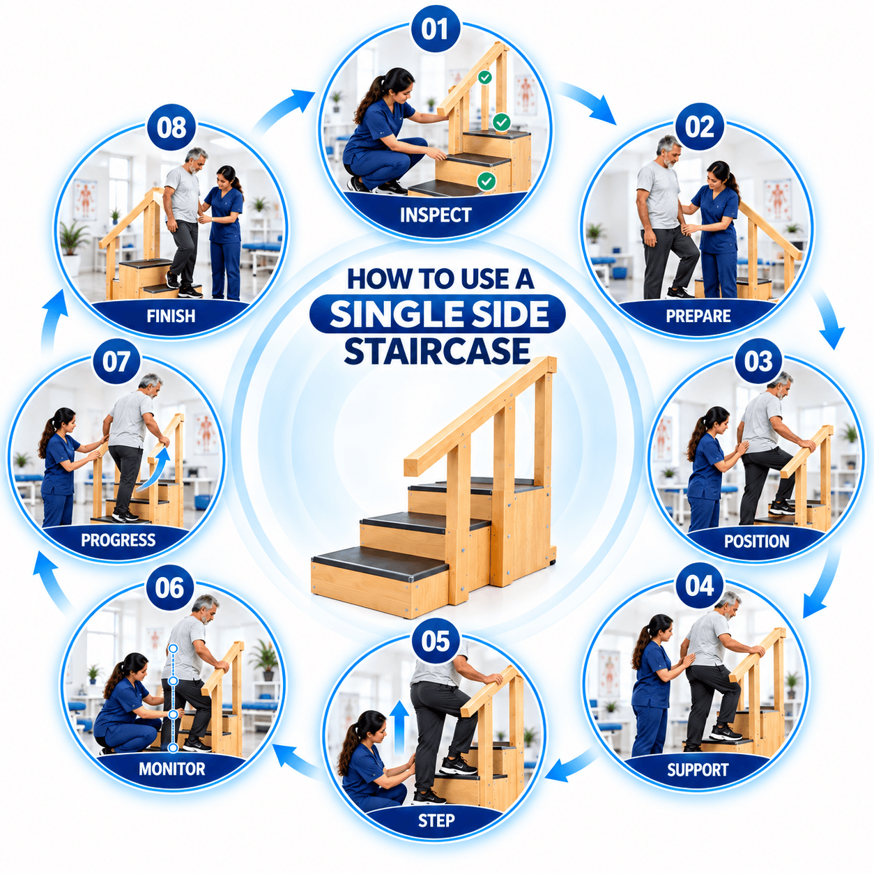 Step-by-step guide showing how to use the PHYSIOMODALITIES™ Single Side Staircase for physiotherapy rehabilitation with a physiotherapist assisting an elderly patient through inspection, preparation, positioning, support, stepping, monitoring, progression, and completion of stair training.