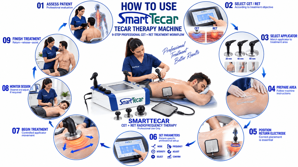 SmartTecar TECAR Therapy Machine showing 9-step CET and RET radiofrequency therapy treatment workflow