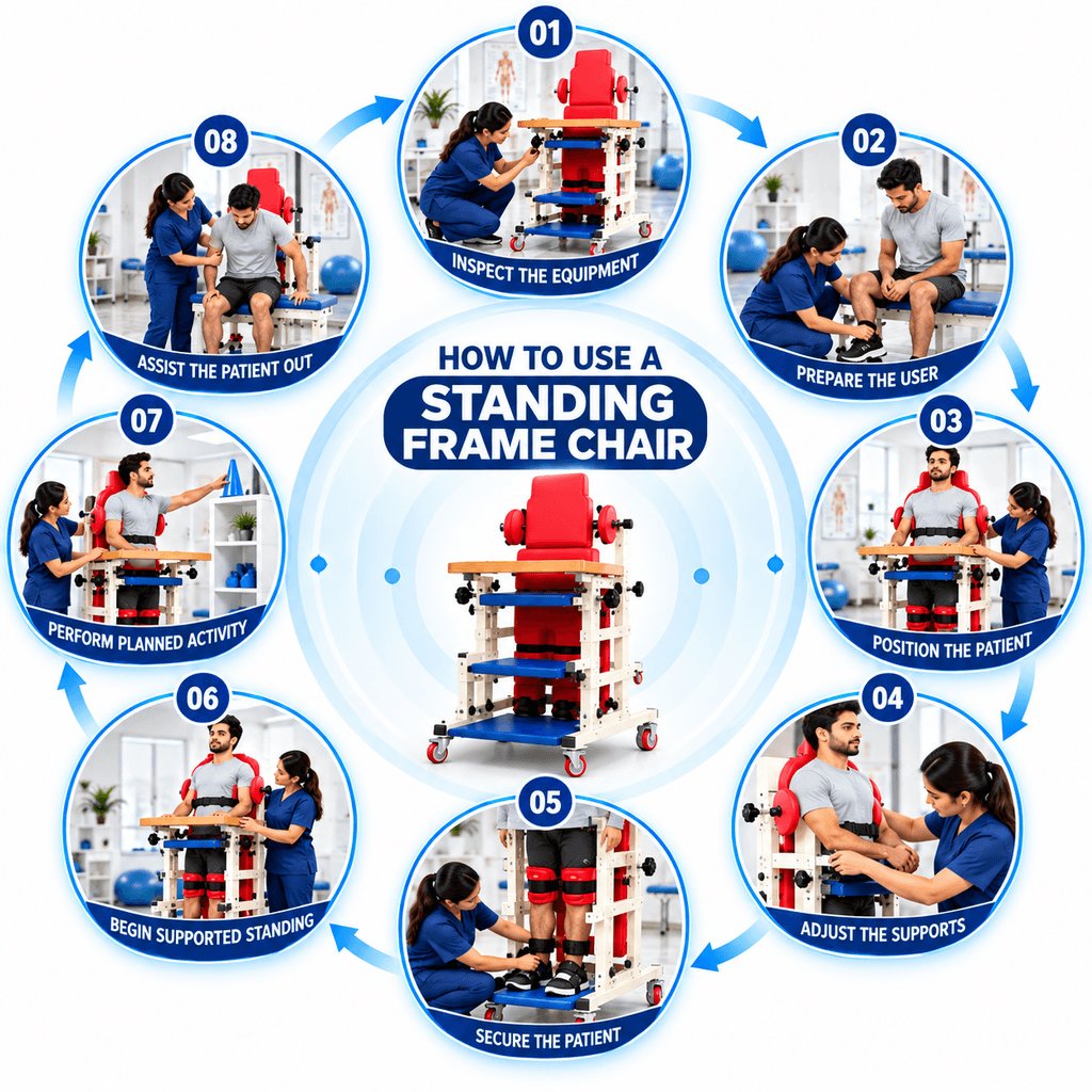 Standing Frame Chair Step-by-step guide showing how to use a PHYSIOMODALITIES™ Standing Frame Chair for physiotherapy rehabilitation, including equipment inspection, patient positioning, support adjustment, securing straps, supported standing, therapy activity, and safe patient exit.