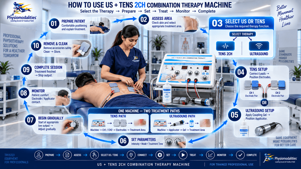US + TENS 2CH Combination Therapy Machine How to use US + TENS 2CH combination therapy machine showing a 10-step workflow for two-channel TENS electrotherapy and therapeutic ultrasound treatment.