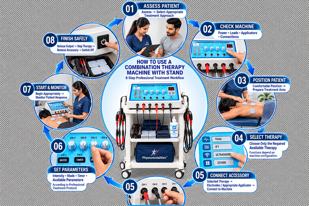 How to use a combination therapy physiotherapy machine with stand showing an 8-step professional workflow from patient assessment and therapy selection to parameter setting, treatment monitoring and safe completion.
