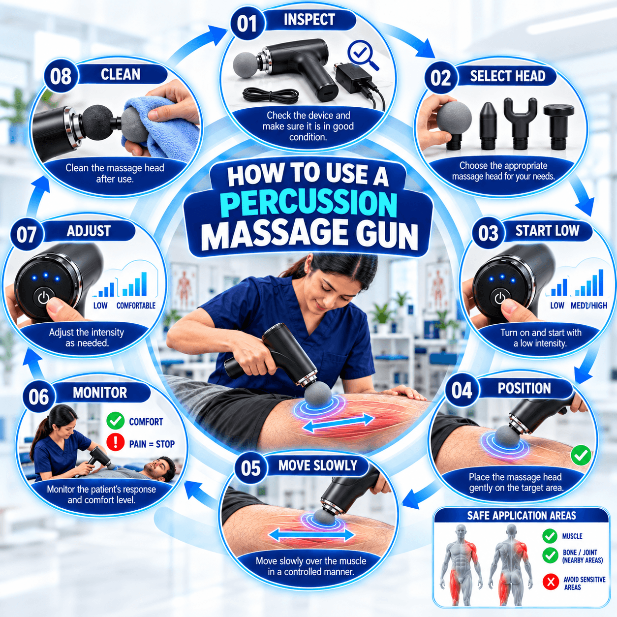 Step-by-step guide showing how to use a percussion massage gun, including inspecting the device, selecting a massage head, starting at low intensity, positioning the head, moving slowly over the muscle, monitoring comfort, adjusting intensity, and cleaning the attachment after use.