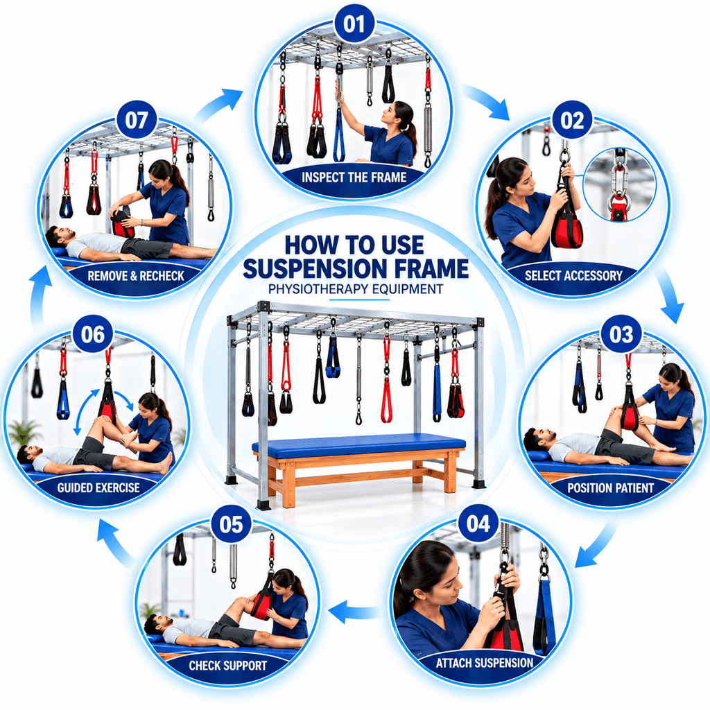 Step-by-step medical infographic showing how to use a suspension therapy frame for physiotherapy rehabilitation, including inspecting the frame, selecting suspension accessories, positioning the patient, attaching suspension straps, checking support, performing guided exercises, and removing and rechecking equipment after therapy.