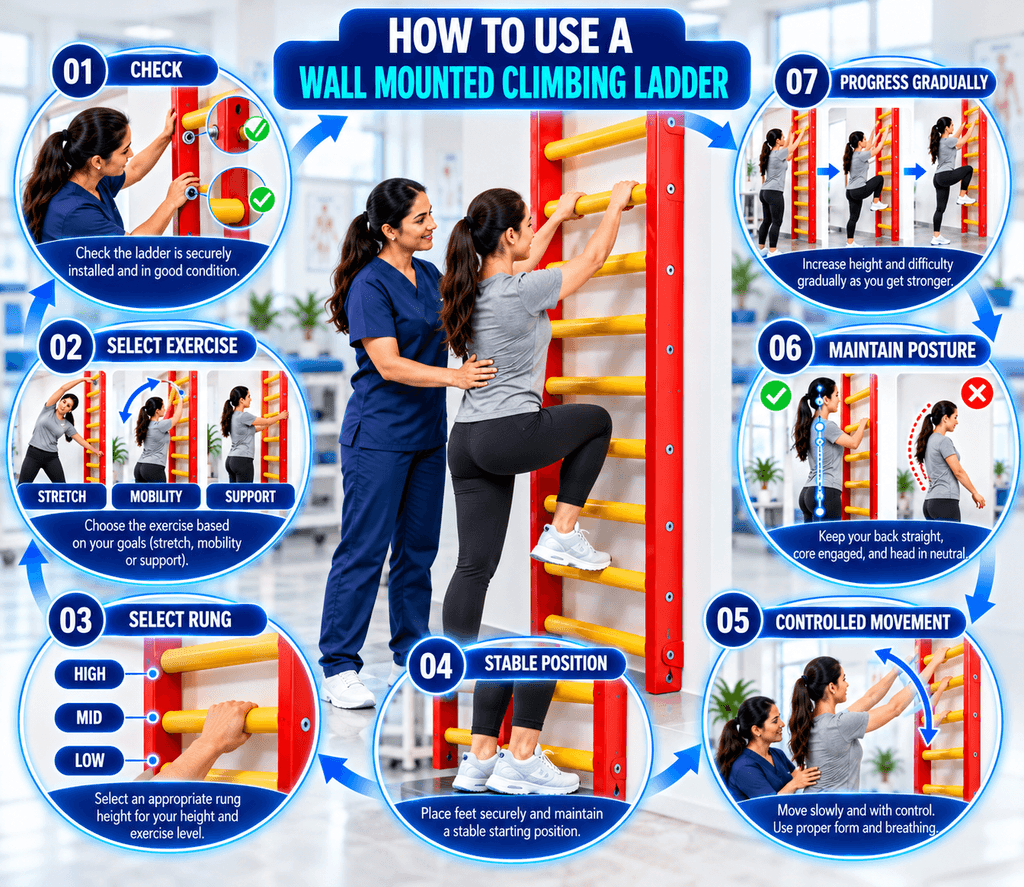 Wall Mounted Climbing Ladder Step-by-step guide showing how to use a wall-mounted climbing ladder for physiotherapy, including installation checks, exercise selection, rung selection, stable positioning, controlled movement, proper posture, and gradual progression.