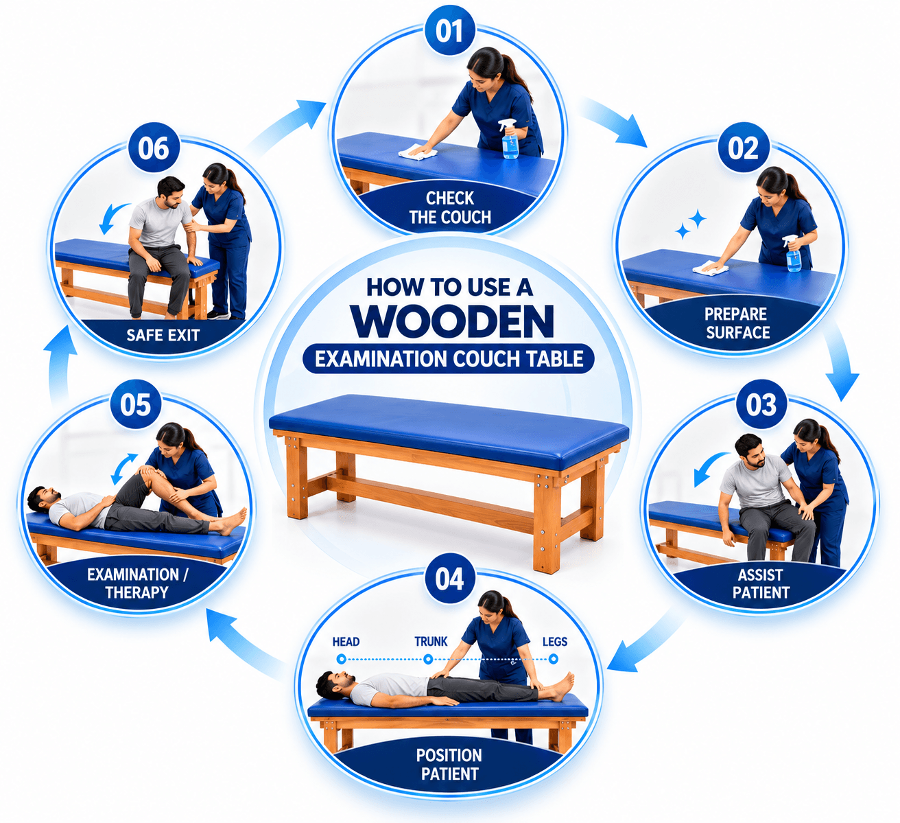 Step-by-step medical infographic showing how to use a wooden examination couch table for physiotherapy, including checking the couch, preparing the surface, assisting the patient, positioning the head, trunk and legs, performing examination or therapy, and helping the patient exit safely after treatment.