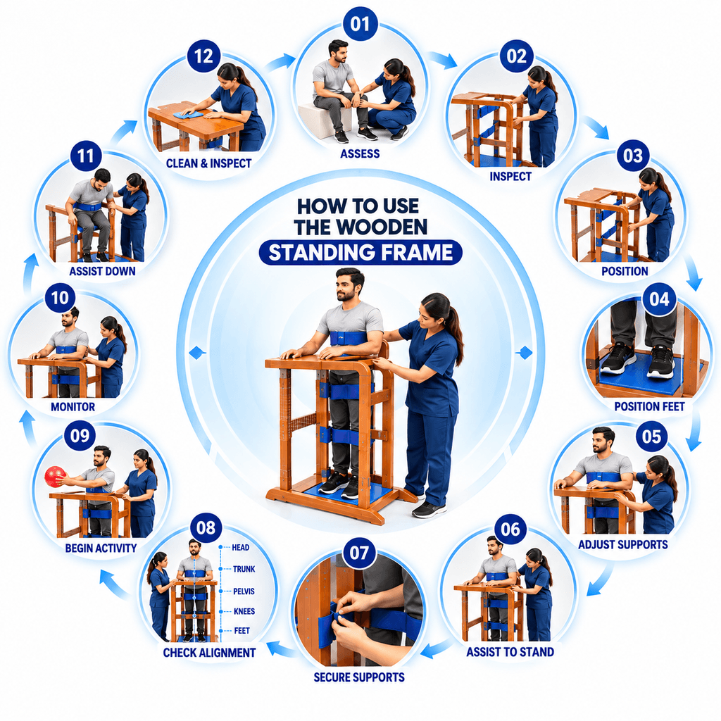 Step-by-step infographic showing how to use a wooden standing frame for physiotherapy rehabilitation, including patient assessment, frame inspection, positioning, foot placement, adjusting trunk, pelvic and knee supports, secure alignment, assisted standing, therapy activities, monitoring, safe transfer, and cleaning after use.