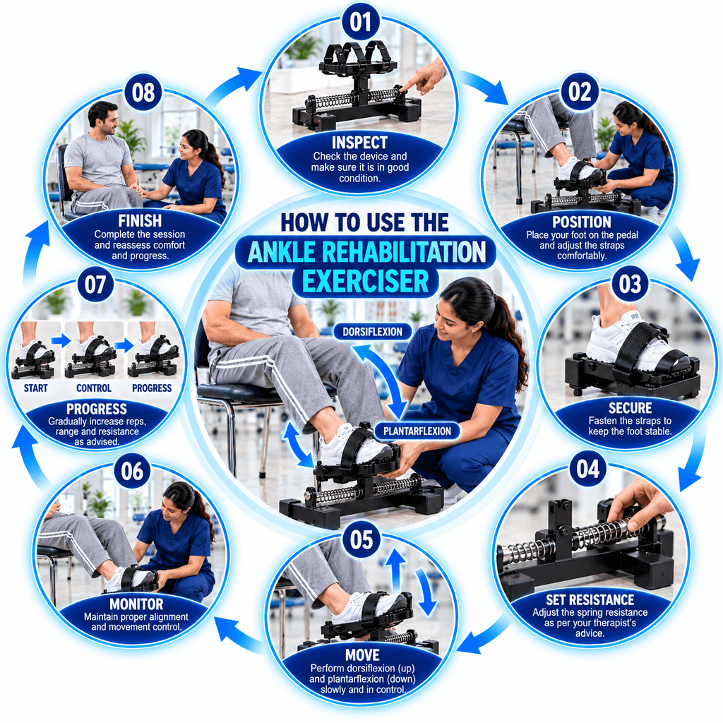 Ankle Exerciser Rehabilitation Step-by-step guide showing how to use an ankle rehabilitation exerciser, including inspection, foot positioning, securing the strap, setting resistance, controlled dorsiflexion and plantarflexion, monitoring movement, gradual progression, and finishing the session.