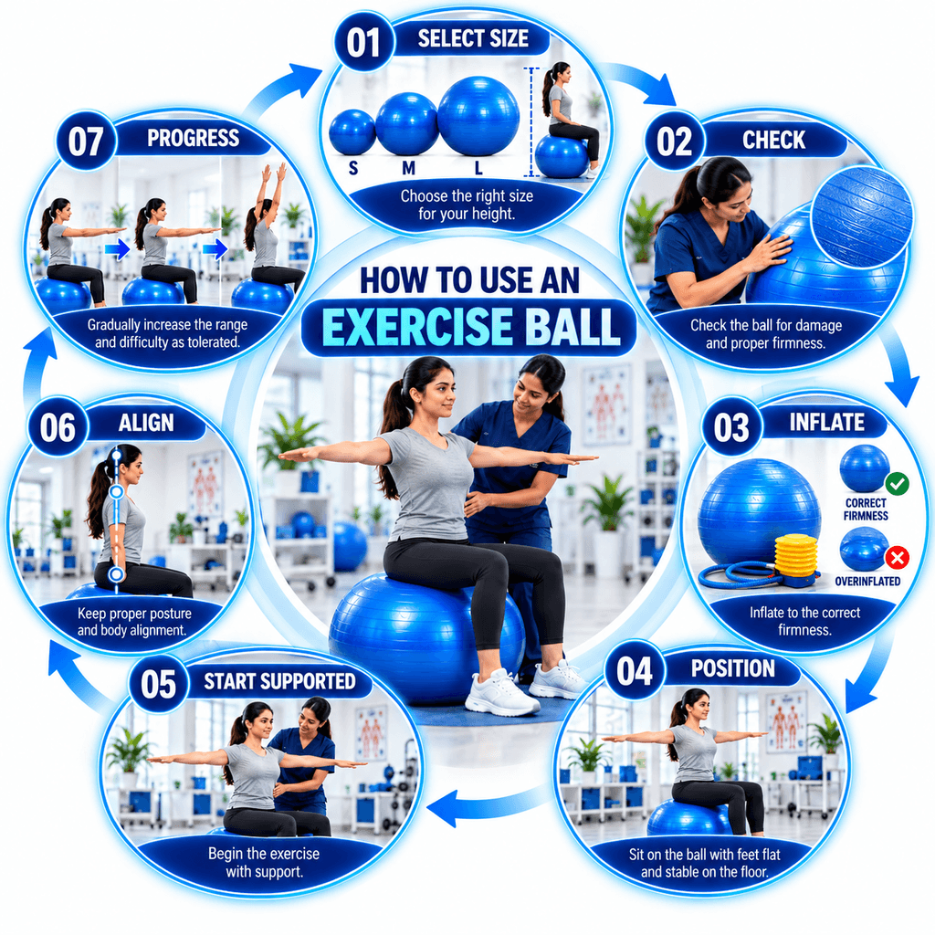 Exercise Ball Step-by-step guide showing how to use an exercise ball, including selecting the correct size, checking the ball condition, inflating to proper firmness, positioning safely, starting with support, maintaining body alignment, and gradually progressing exercises.