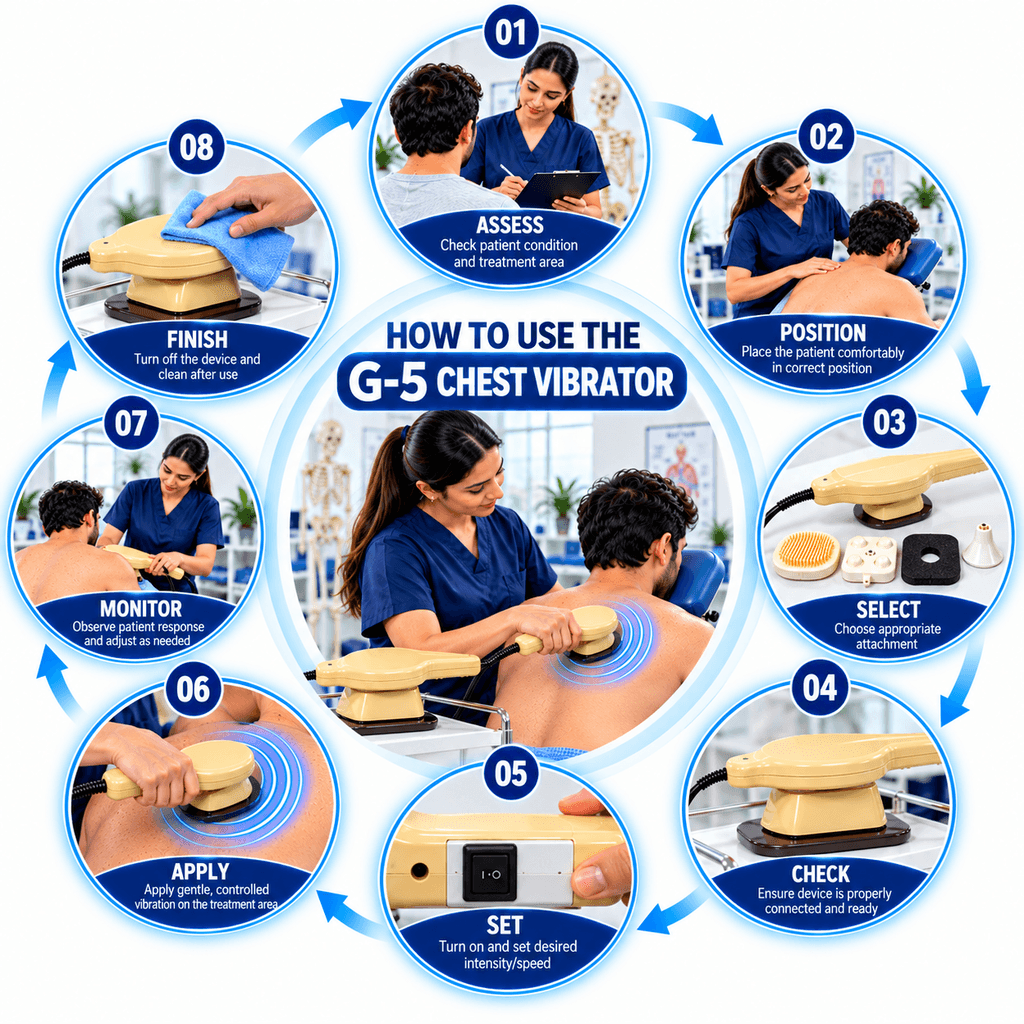 G-5 Chest Vibrator Massager Machine Step-by-step guide for using a G-5 Chest Vibrator, showing assessment, patient positioning, attachment selection, device setup, controlled application, monitoring, and cleaning after use.