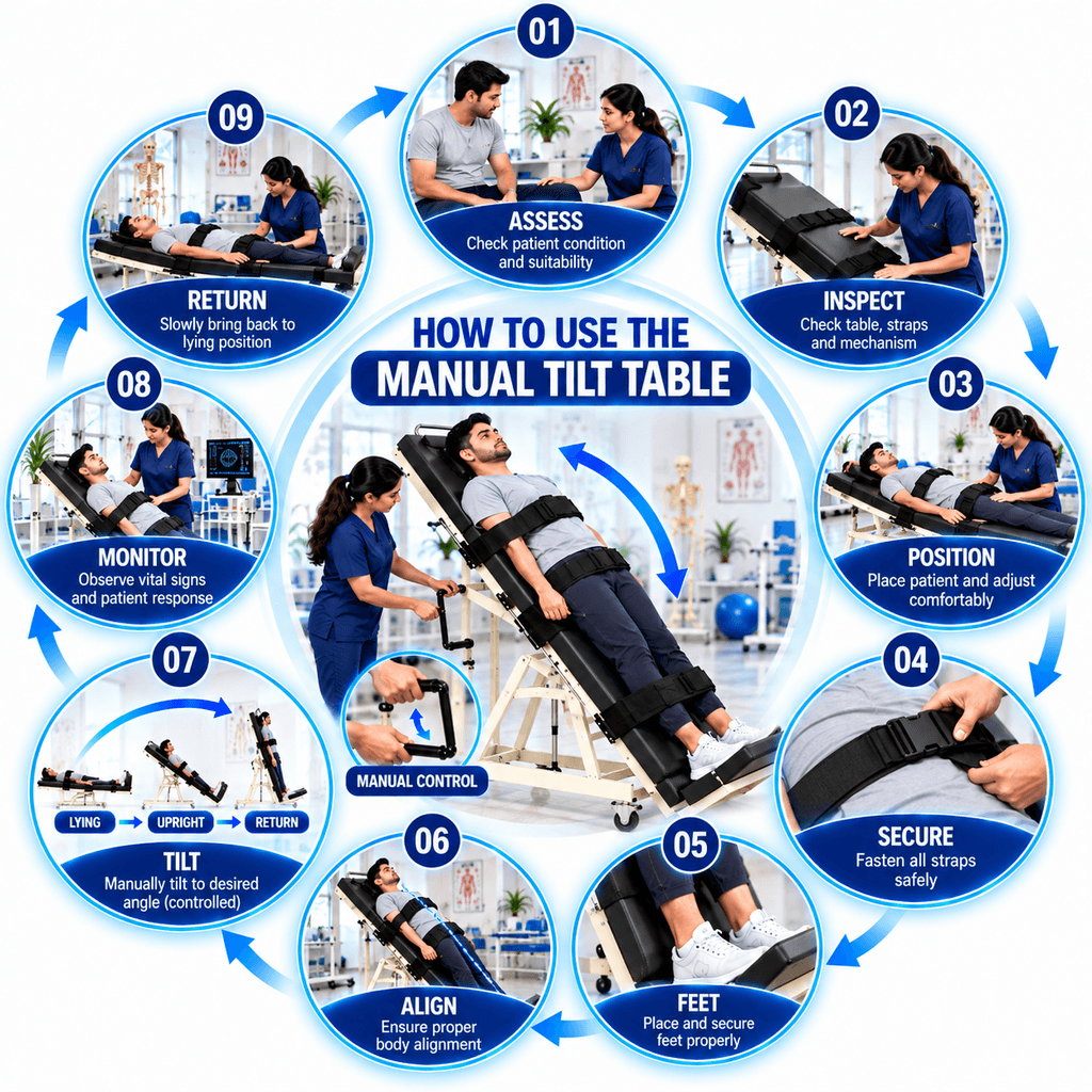 Step-by-step guide showing how to use a manual tilt table, including patient assessment, table inspection, positioning, securing straps, foot placement, body alignment, controlled manual tilting, monitoring, and returning to the lying position.