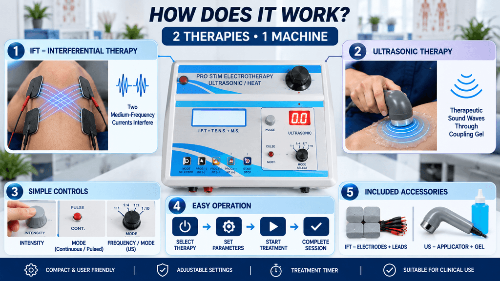 IFT and ultrasonic therapy combo machine infographic showing interferential therapy, ultrasound treatment, controls, operation steps and included accessories.