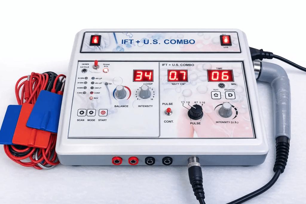 IFT + US Combo Therapy Machine IFT and ultrasound combination therapy machine with electrode pads, lead wires and therapeutic ultrasound applicator for professional physiotherapy use.