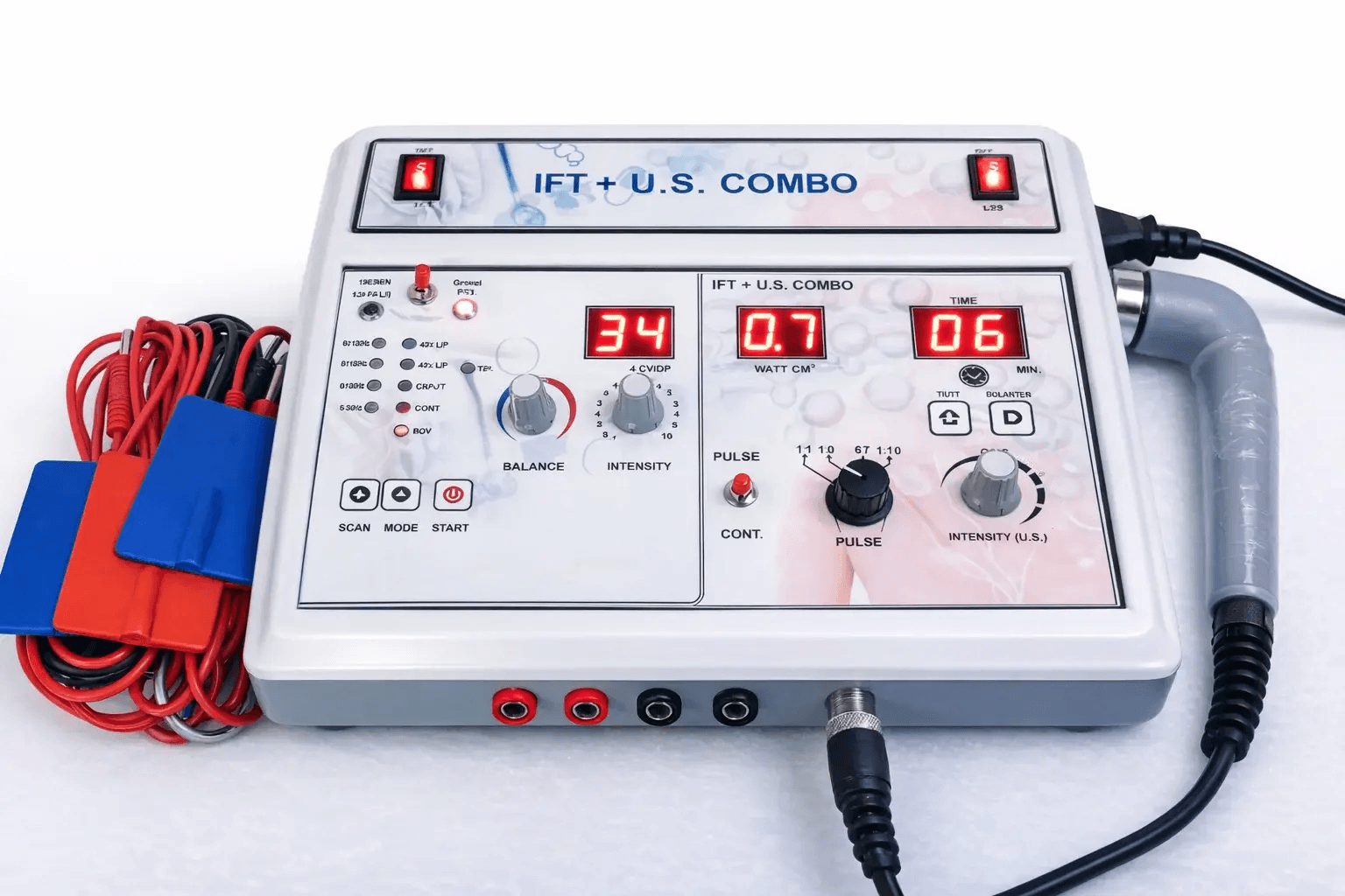 IFT + US Combo Therapy Machine IFT and ultrasound combination therapy machine with electrode pads, lead wires and therapeutic ultrasound applicator for professional physiotherapy use.