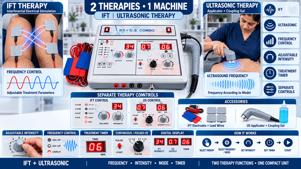 IFT + US Combo Therapy Machine IFT and ultrasound combo physiotherapy machine showing interferential therapy with electrodes and therapeutic ultrasound with applicator, separate controls, timer and accessories.