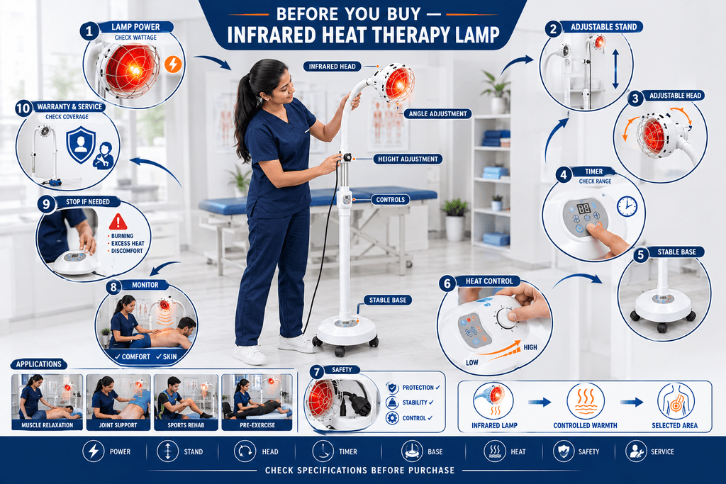 Infrared Heat Therapy Lamp Infrared Heat Therapy Lamp buying guide showing adjustable stand, directional head, timer, heat control, stable base, safety features and physiotherapy applications.