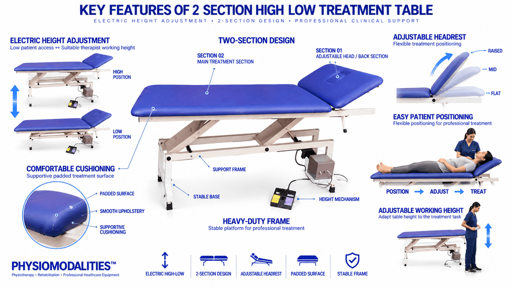 2-Section High-Low Treatment Table 2 Section High Low Physiotherapy Treatment Table with Electric Height Adjustment, Adjustable Headrest and Padded Surface
