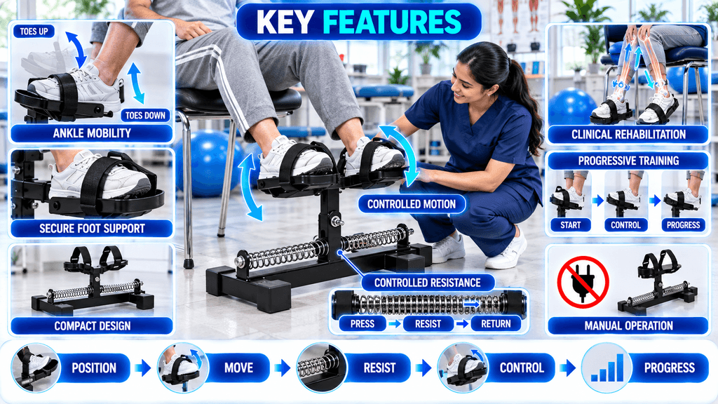 Ankle Exerciser Rehabilitation Manual ankle exerciser showing controlled ankle mobility, secure foot support, adjustable spring resistance, controlled motion, compact design, and progressive rehabilitation training.
