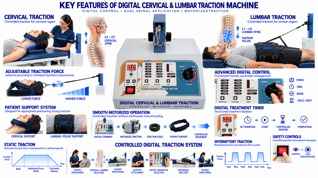 Digital Cervical and Lumbar Traction Physiotherapy Machine showing adjustable traction force, motorized operation, static and intermittent modes