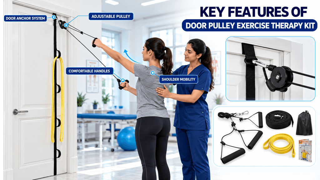 PHYSIOMODALITIES™ Door Pulley Exercise Therapy Kit with adjustable door anchor system, smooth pulley, ergonomic handles, resistance band, and physiotherapist assisting a patient during shoulder mobility rehabilitation exercises.
