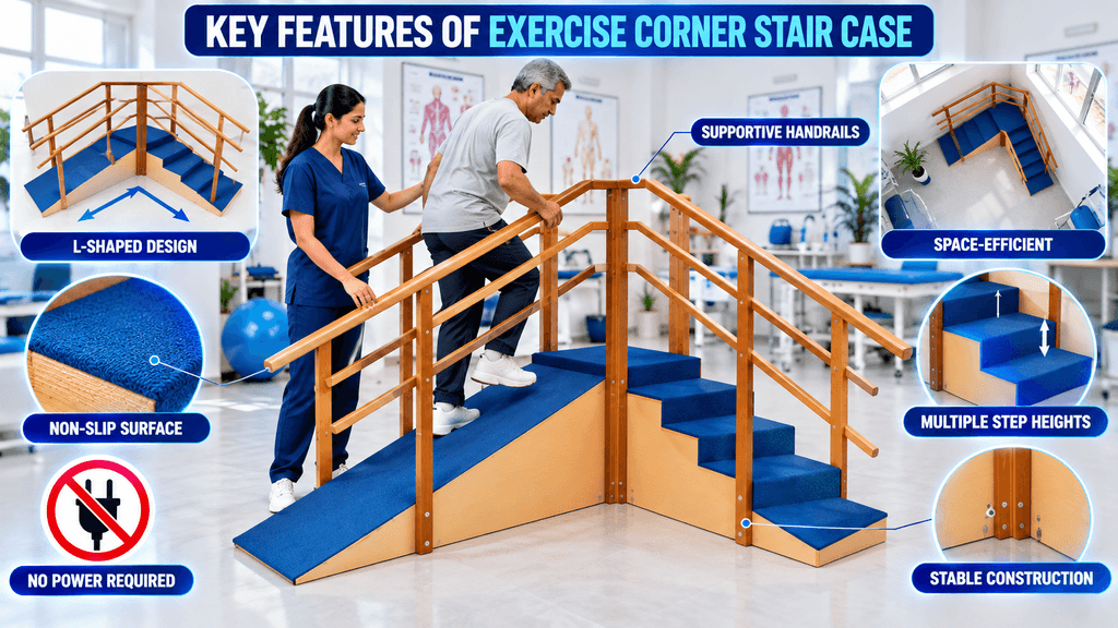 Exercise Corner Stair Case Therapy Exercise corner staircase rehabilitation equipment featuring an L-shaped design, supportive handrails, non-slip surface, multiple step heights, space-efficient layout, stable construction, and no power requirement.