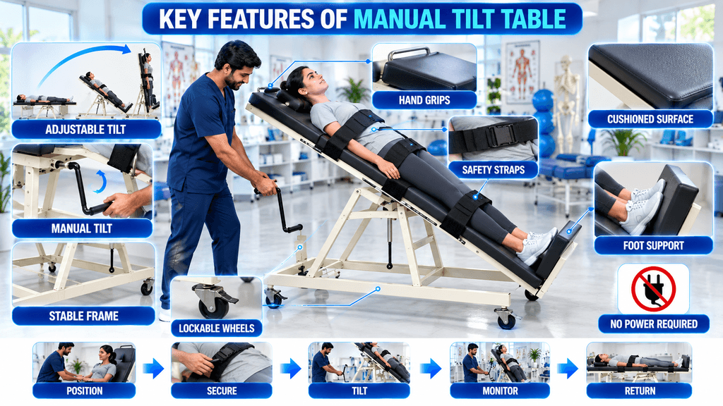 Manual tilt table featuring adjustable tilt, manual control, hand grips, cushioned surface, safety straps, foot support, stable frame, lockable wheels, and no power requirement.